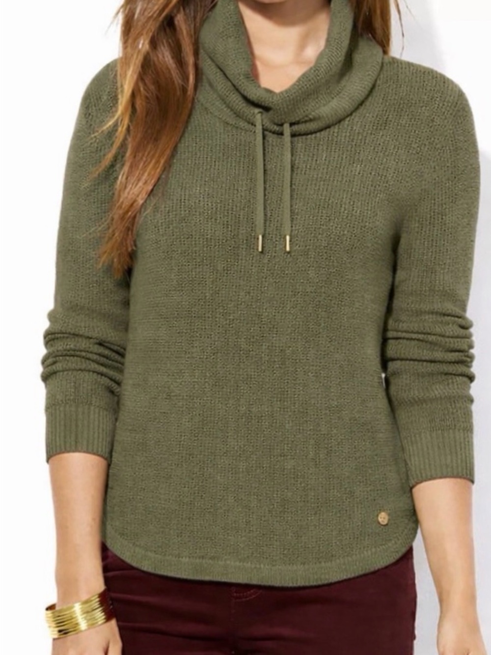 Lauren Ralph Lauren cowl neck sweater forest green waffle knit texture - Picture 2 of 13